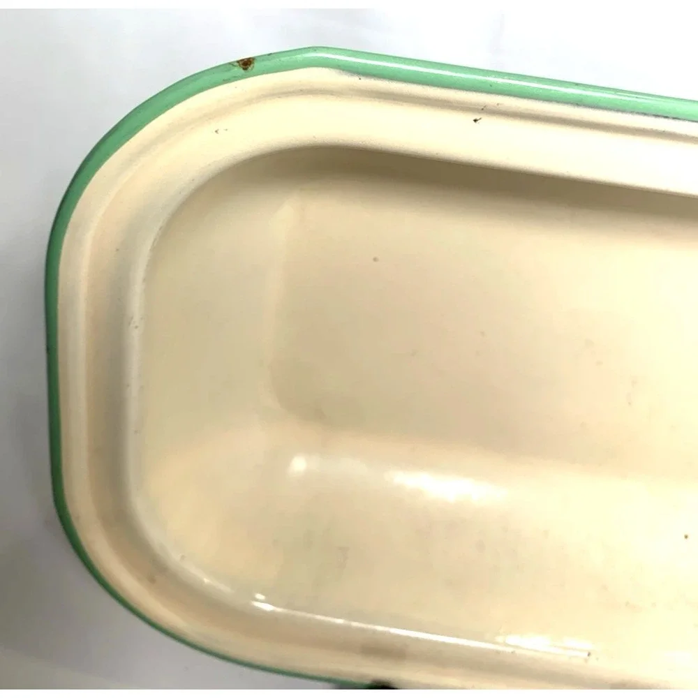Enamelware Pan Beige Small Green Trim Farmhouse‎ Cottagecore 9.5